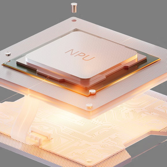 A NPU chip graphic shown in deconstructed, flating layers.