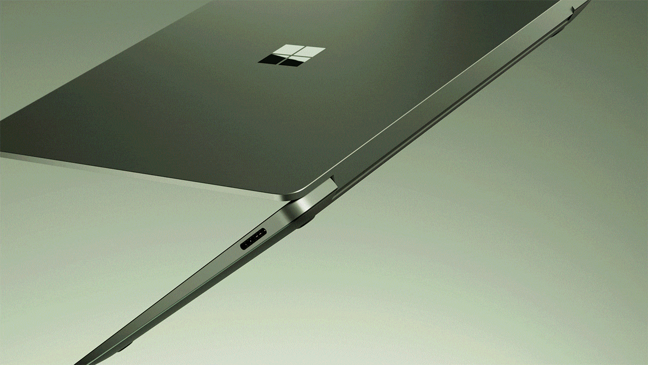  Cinematic GIF of the Surface Laptop in Emerald showcasing details and the laptop opening.