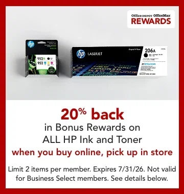 20% back in bonus rewards on all hp ink & toner for rewards members