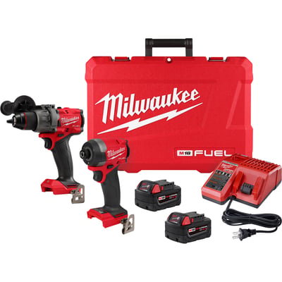 Milwaukee M18 FUEL 2-Tool Combo Kit, 1/2in. Hammer Drill/Driver, 1/4in. Hex Impact Driver, 2 Batteries, Charger, Model# 3697-22