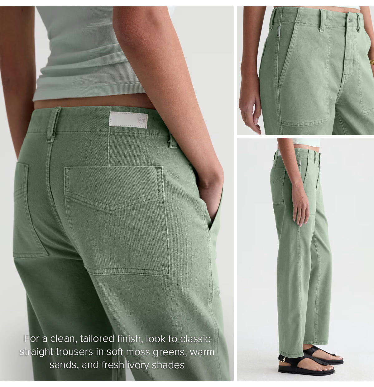 For a clean, tailored finish, look to classic straight trousers in soft moss greens, warm sands, and fresh ivory shades