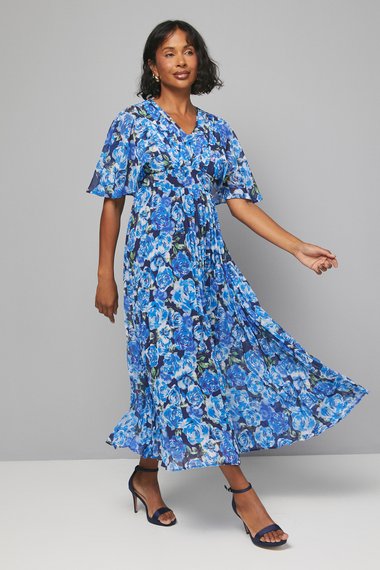 Floral Print Pleated Cape Sleeve Midi Dress