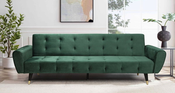 Canapé 3 places en velours vert, convertible en couchage