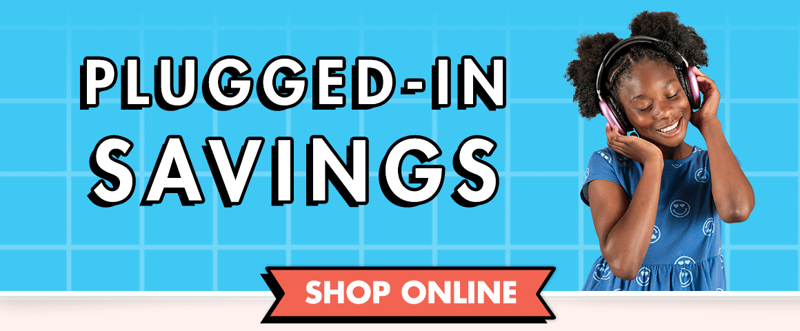 Plugged-In Savings. Image of a girl wearing over-ear wireless headphones dancing