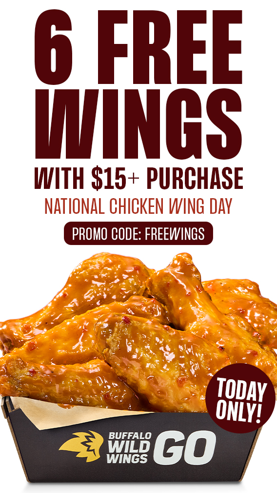 Get 6 FREE wings with $15 purchase with the promo code FREEWINGS.
