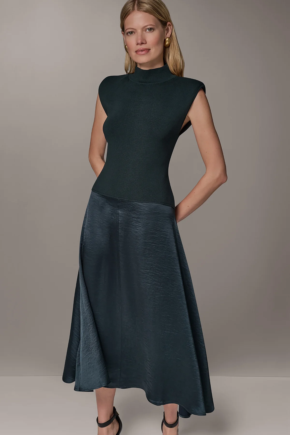 MIXED MEDIA DROP WAIST MIDI DRESS