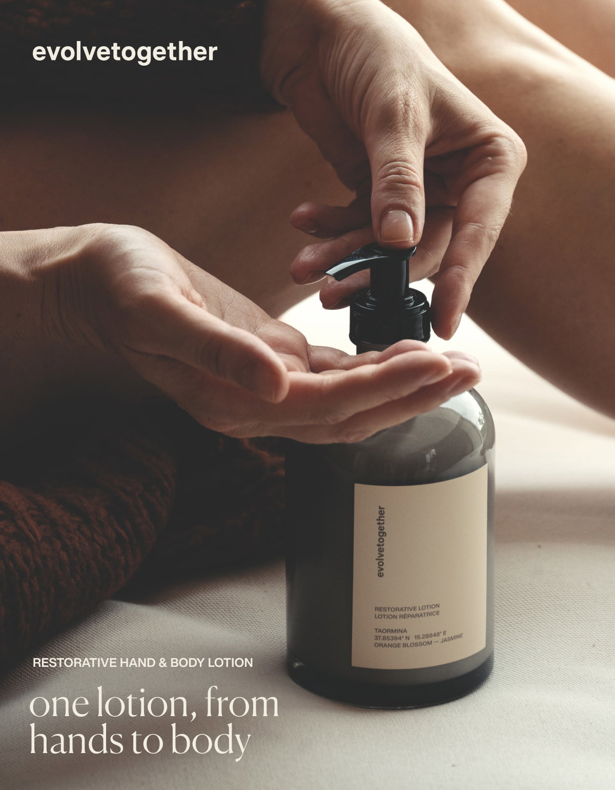 evolvetogether | restorative hand & body lotion | one lotion, from hands to body