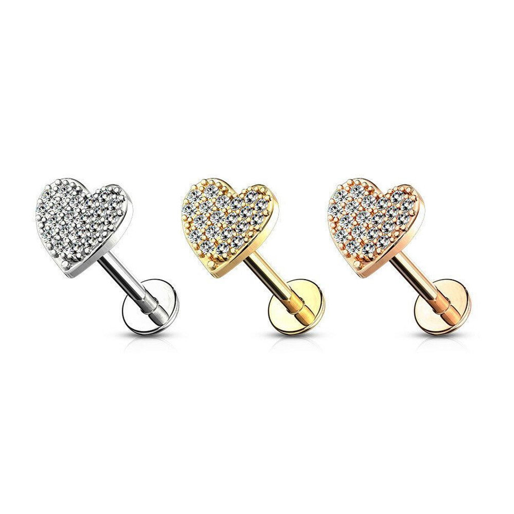  Paved CZ Heart Labret Studs Piercings 16G | Luxe Modz 