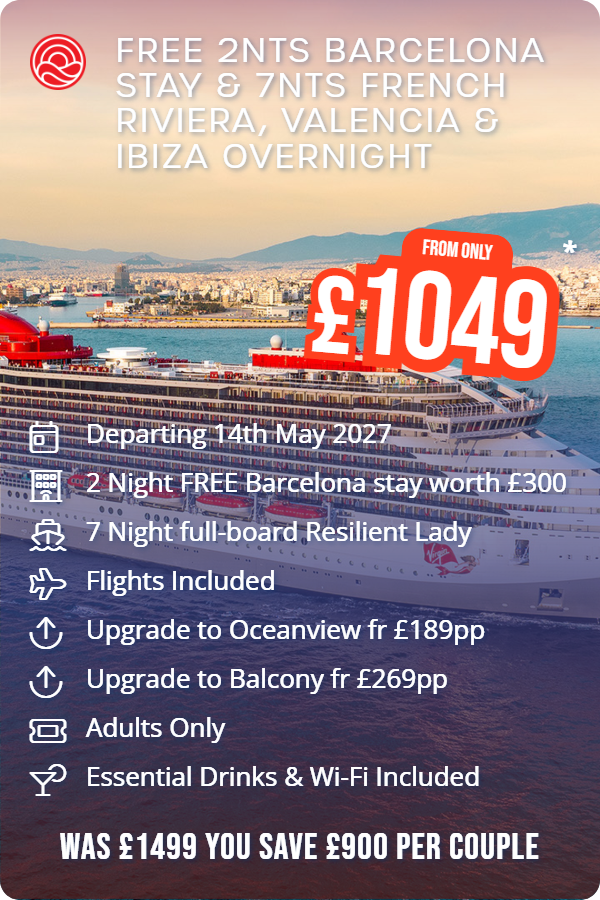 Free 2nts Barcelona Stay & 7nts French Riviera, Valencia & Ibiza Overnight – Smart Holiday promotional image. From £1,049 Includes: Departing 14th May 2027, 2 Night FREE Barcelona stay worth £300, 7 Night full-board Resilient Lady, Flights Included, Upgrade to Oceanview fr £189pp, Upgrade to Balcony fr £269pp, Adults Only, Essential Drinks & Wi-Fi Included. WAS £1499 YOU SAVE £900 PER COUPLE
