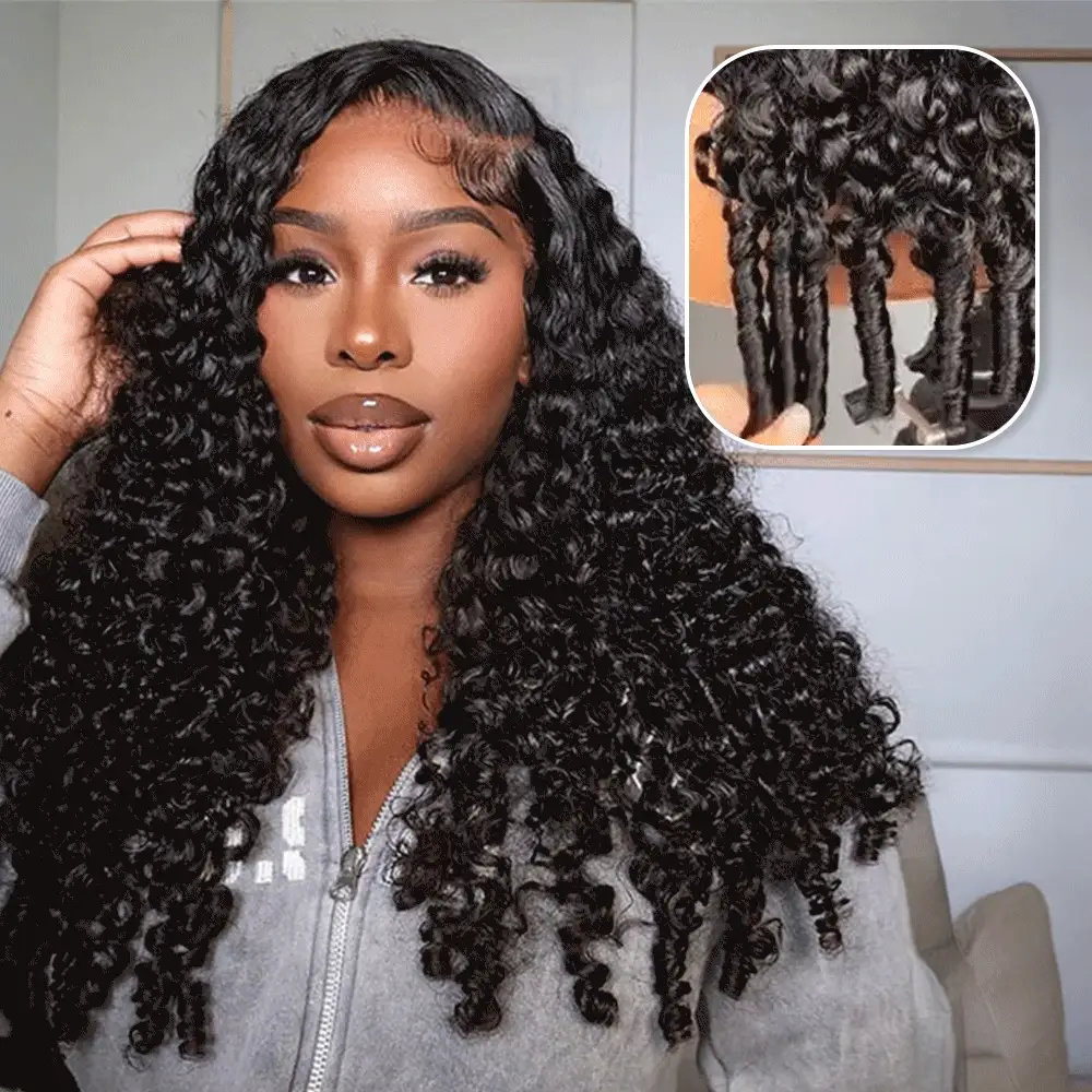 Megalook 13x6 Three-Go™ Glueless Wig Burmese Curly With Drawstring With Finger Coil Ends Hold Curls Well - Transparent Lace / 18