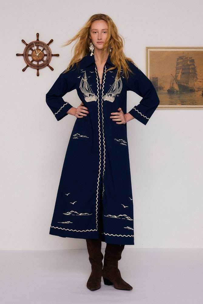 Image of Nautical Embroidered Midi Dress in Navy