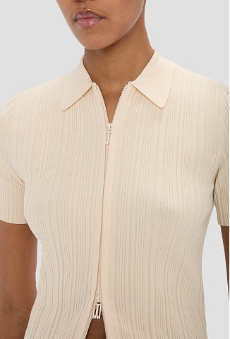 Ribbed Polo Top In Beige