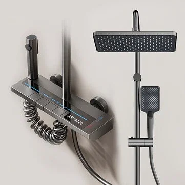 Space Aluminum Digital Display Square Shower Set Piano Button Bathroom Booster Shower Head System With Ambient Light Wall Mount Bracket Bathroom Faucets
