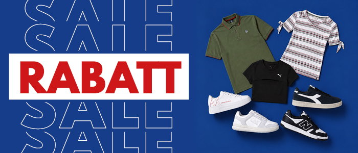 Blue sale banner reading 'RABATT' with polo, striped top, tees and five trainers arranged on a blue background