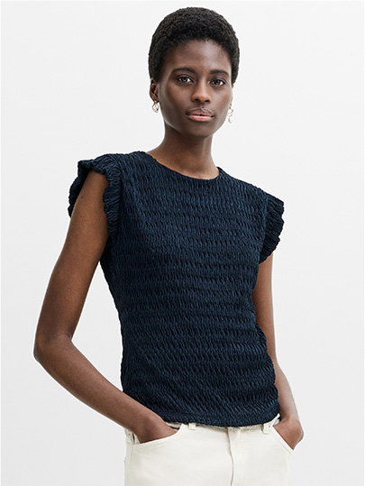 Zinnia Textured Frilled Cap Sleeve Navy Blue Top