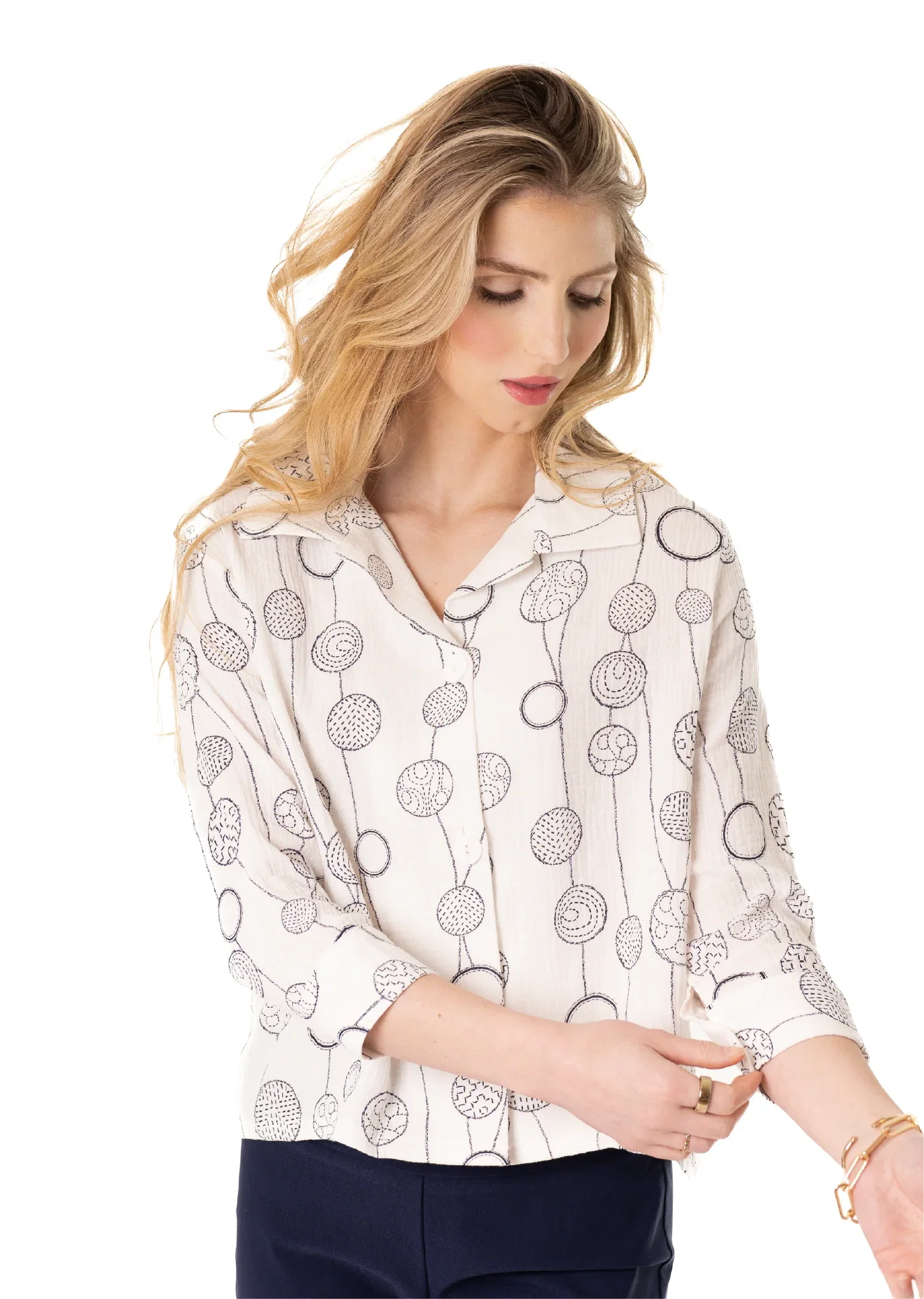 Circle Chain Gauze Button Front Top