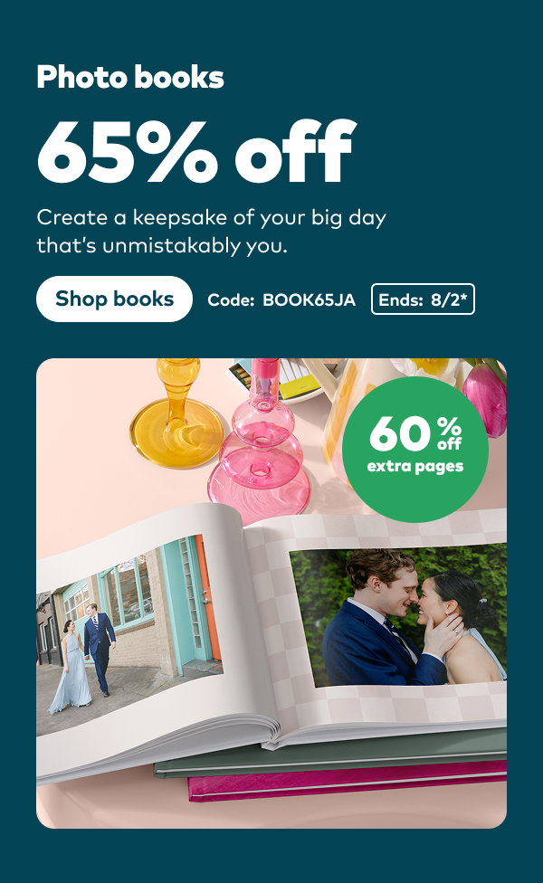 65% off photo books. Code: BOOK65JA. 60% off extra pages. Ends: 8/2, see site for details. Shop books.