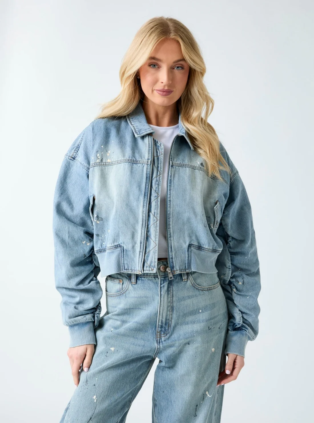 Image of Blue Anna Crop Denim Bomber Jacket