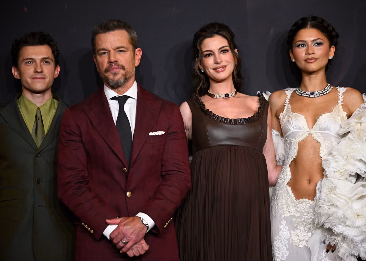 (From L) British actor Tom Holland, US actor, screenwriter and producer Matt Damon, US actress Anne Hathaway and US actress and singer Zendaya pose during a photocall ahead of the premiere of the film 'The Odyssey' at the Grand Rex in Paris on July 8, 2026. (Photo by JULIEN DE ROSA / AFP via Getty Images)