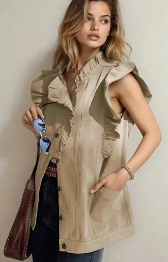 Margot Ruffle Plain Denim Jacket Vest - Khaki