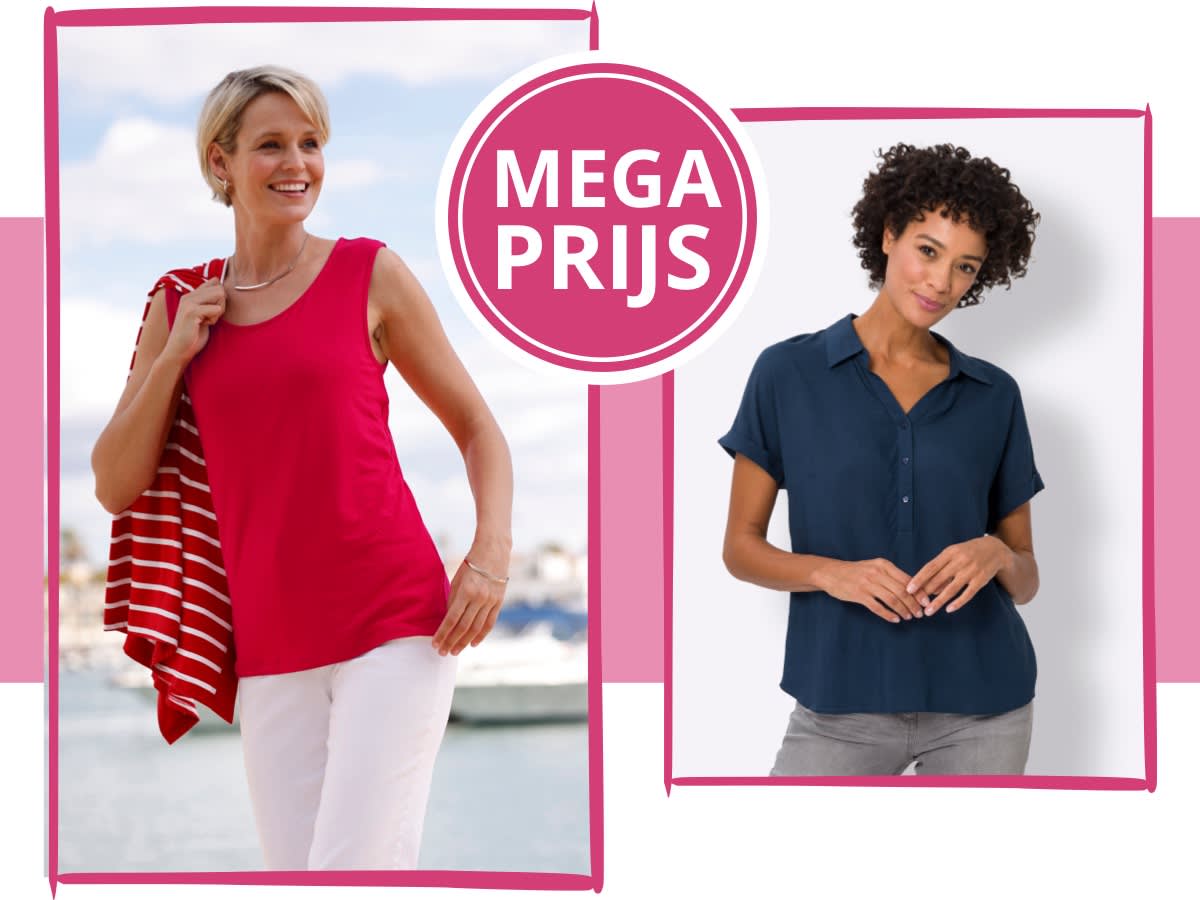Een model draagt een rood mouwloos topje en een witte broek. Het model ernaast draagt een donkerblauw overhemd en een grijze broek.