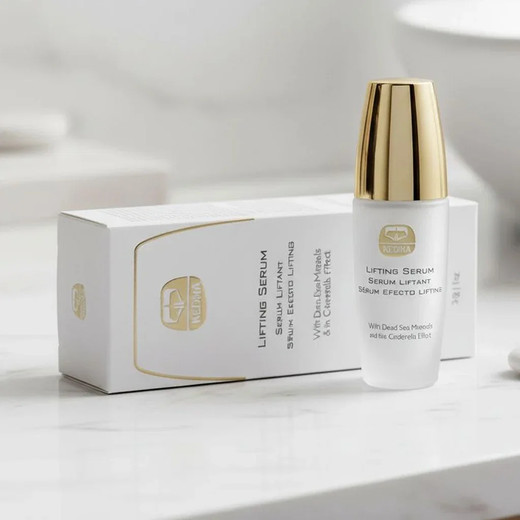 Lifting Serum bottle with gold cap next to white branded box on marble surface in spa setting