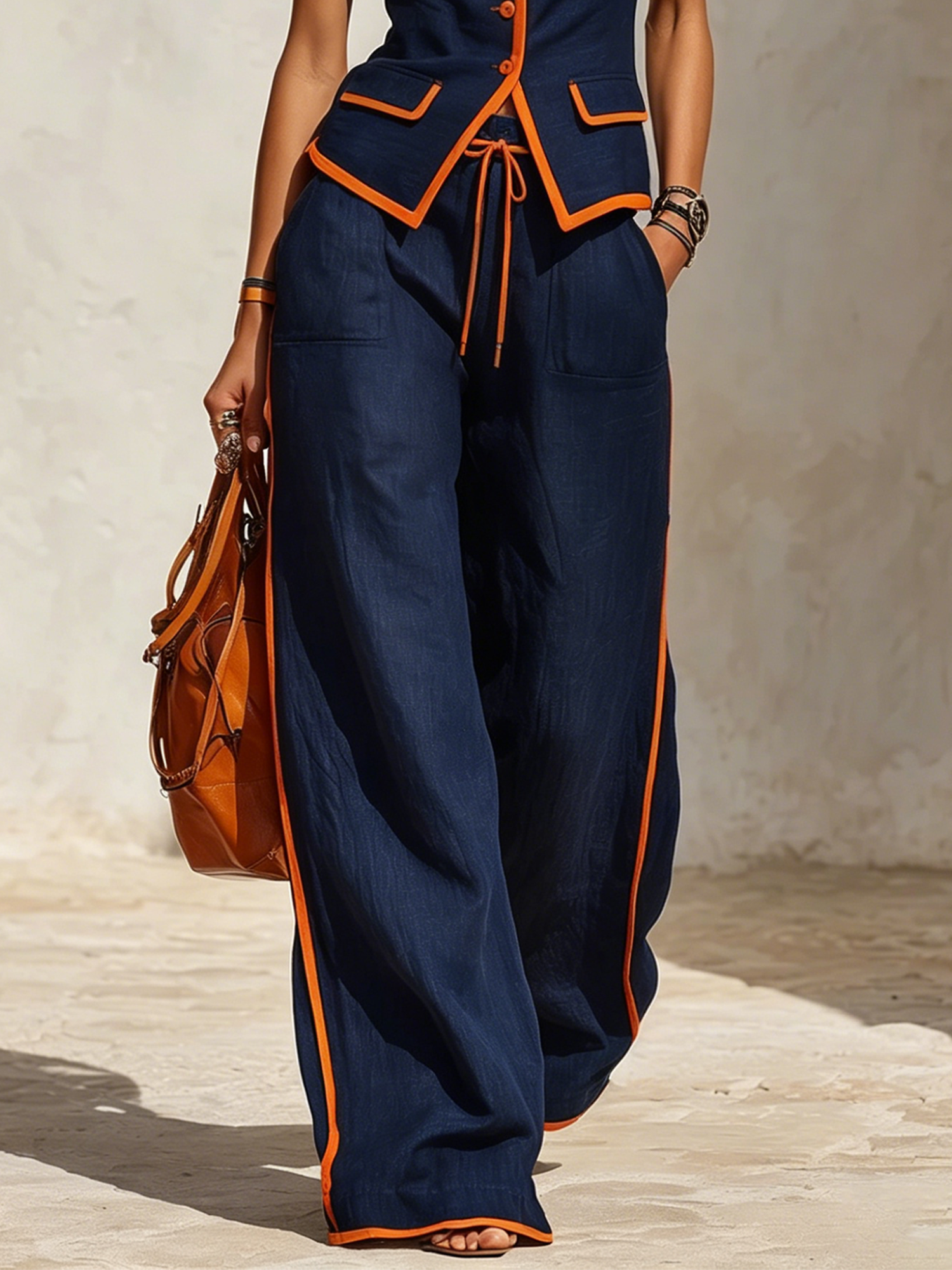 Casual Color Block Loose Fit Wide Leg Pants
