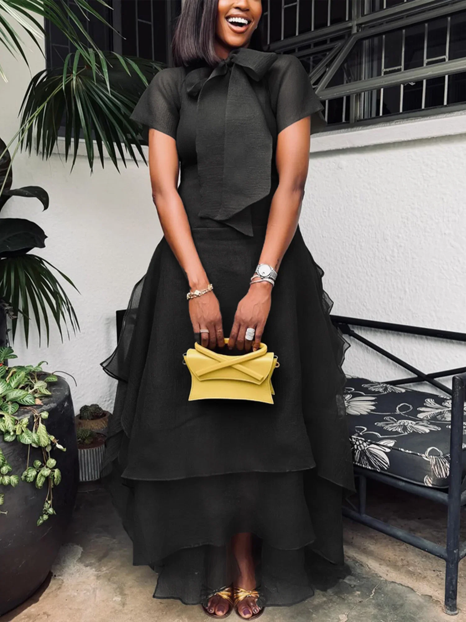 Elegant Solid Tailored Tiered Maxi Dress