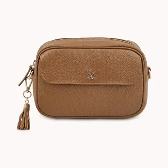 'HACKNEY' Tan Pebble Grain Real Leather Crossbody Bag