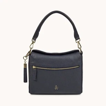 'FIONA' Navy Pebble Grain Real Leather Shoulder Bag