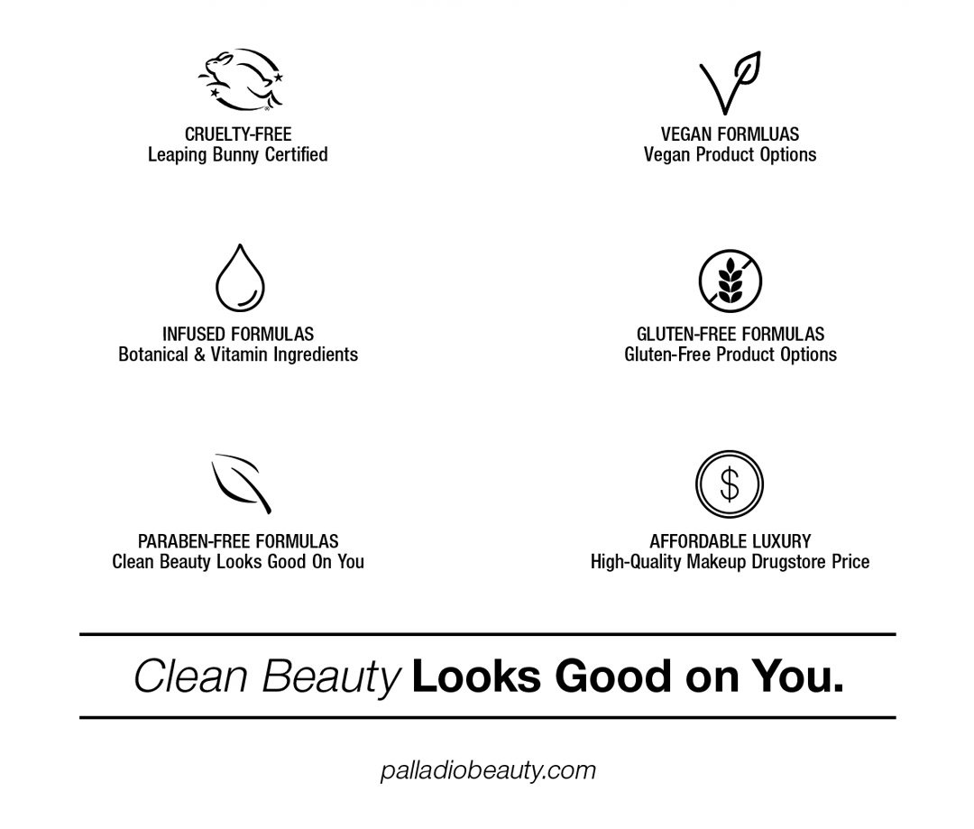 Palladio clean beauty icons showing cruelty-free, vegan, botanical-infused, gluten-free and paraben-free formulas with brand tagline "clean beauty looks good on you."