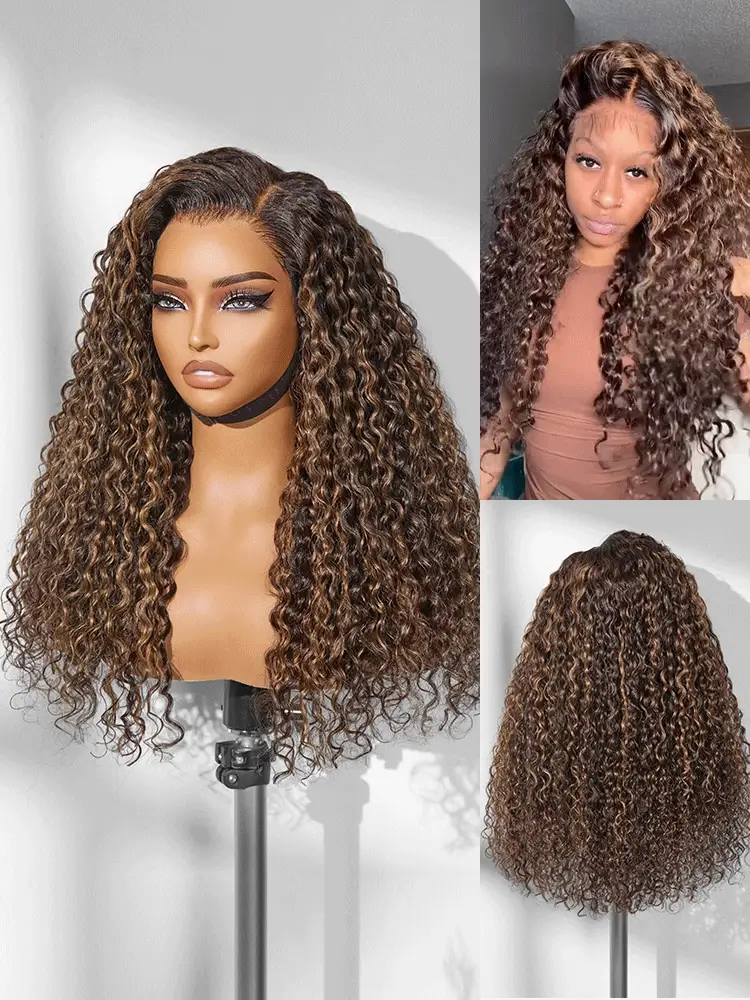 Image of Luvme All-Day Comfort™ Wig PartingMax Brown Highlights Funmi Curly 7x6 Closure HD Lace Glueless Wig Pre Cut Lace