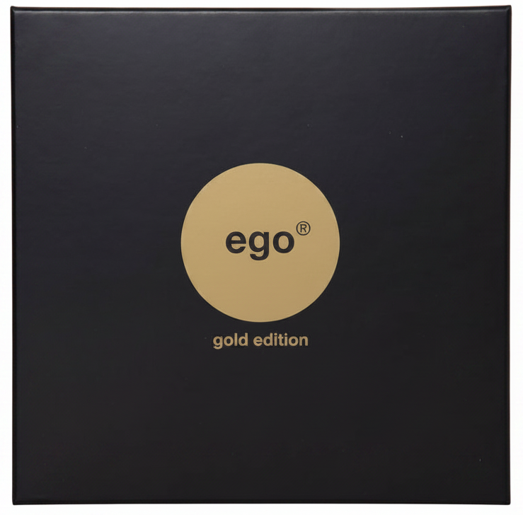 Black box with gold circle logo and "ego gold edition" text.