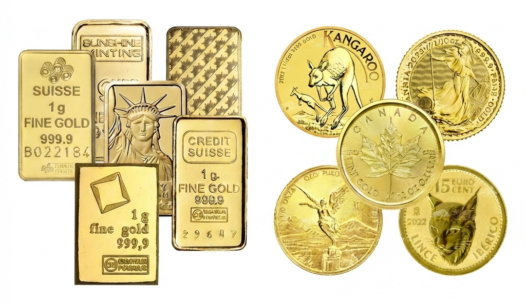 Gold bars and gold coins