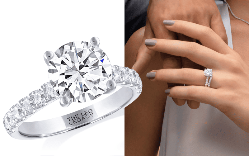 A round diamond solitaire ring beside a model wearing the same engagement ring.