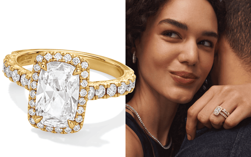 A radiant cut halo diamond ring in yellow gold beside a model wearing stacked rings.