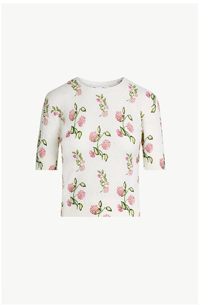 Porcelain Flower-Printed Embroidered Pullover