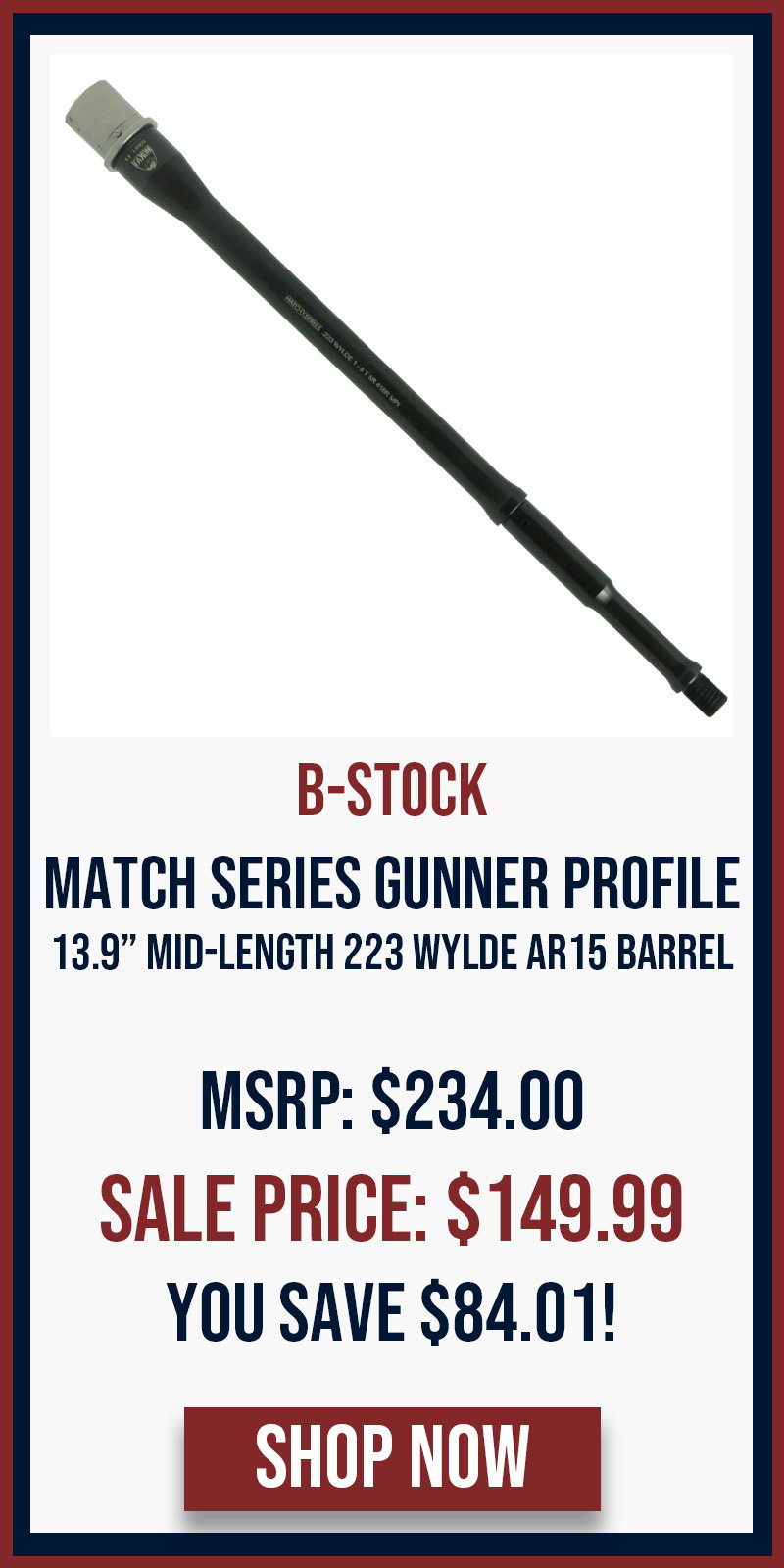 B-STOCK FAXON MATCH SERIES GUNNER PROFILE 13.9 MID-LENGTH 223 WYLDE AR15 BARREL