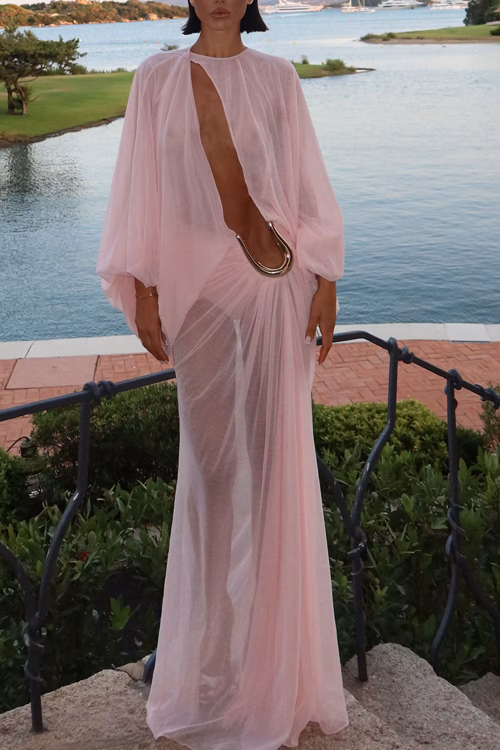 Cut Out U-Shaped Metal Decor Ruched See Through Maxi Dresses-Pink [Pre Order]