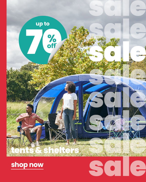 Camping tents and shelters sale showing a large family tent in a field, with up to 70% off and a shop now call to action.