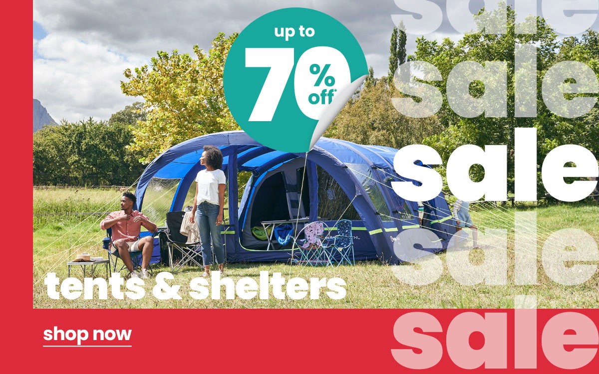 Camping tents and shelters sale showing a large family tent in a field, with up to 70% off and a shop now call to action.