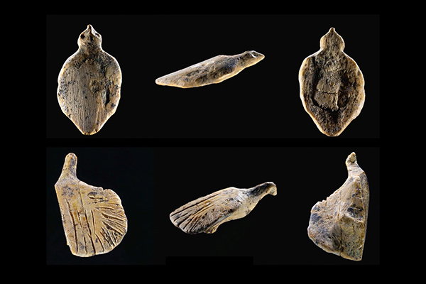A composite image showing multiple views of two bird-shaped figurines from the front, back and side, against a black background.