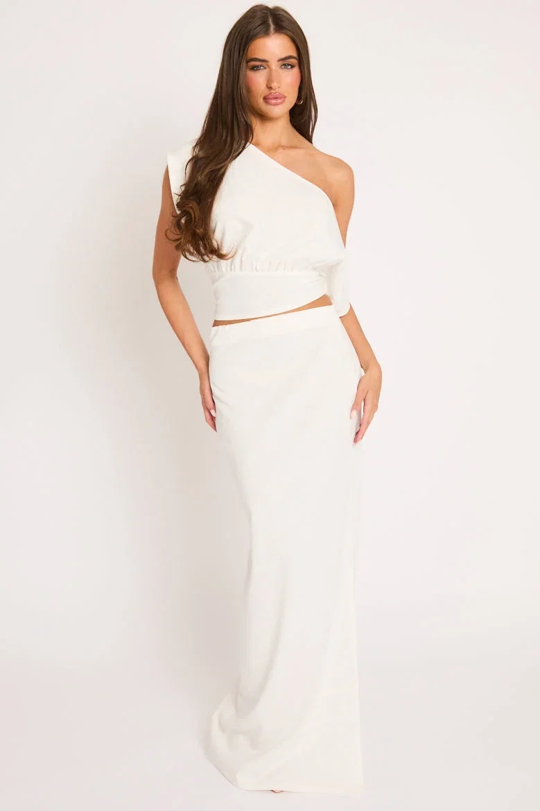 Image of White Cinched Waist Top and Maxi Skirt Co-ord Set - Sissy