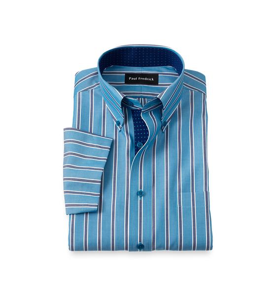 Non-Iron Cotton Stripe Short Sleeve Dress Shirt With Contrast Trim - Teal-Classic Fit / 17.5