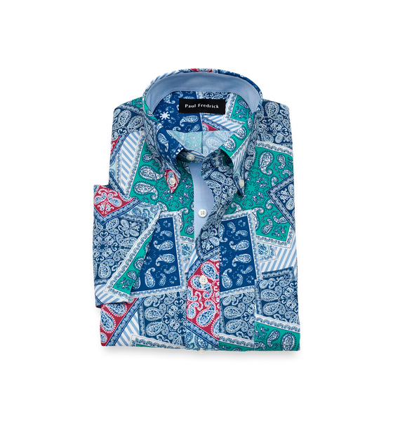Non-Iron Cotton Bandana Short Sleeve Dress Shirt With Contrast Trim - Blue Multi-Classic Fit / 17.5