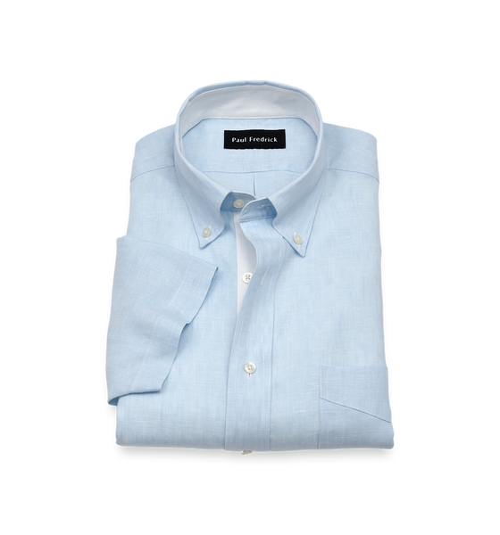 Non-Iron Linen Solid Short Sleeve Dress Shirt With Contrast Trim - Light Blue-Classic Fit / 17.5