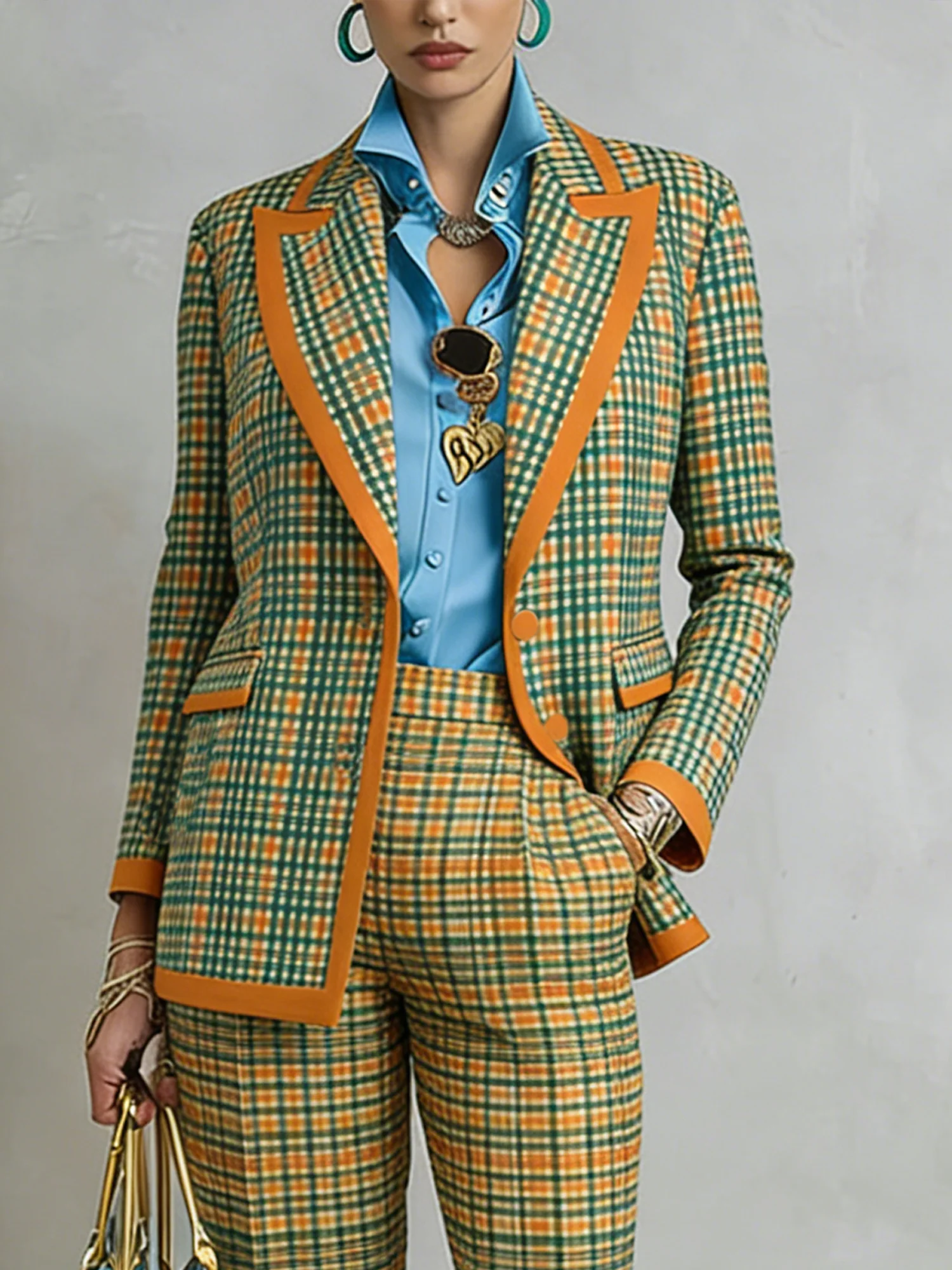 Image of Casual Printing Plaid Lapel Collar Blazer
