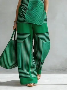 Image of Urban Geometric Stripe Wide Leg Pants High Waist Flowy Office Trousers