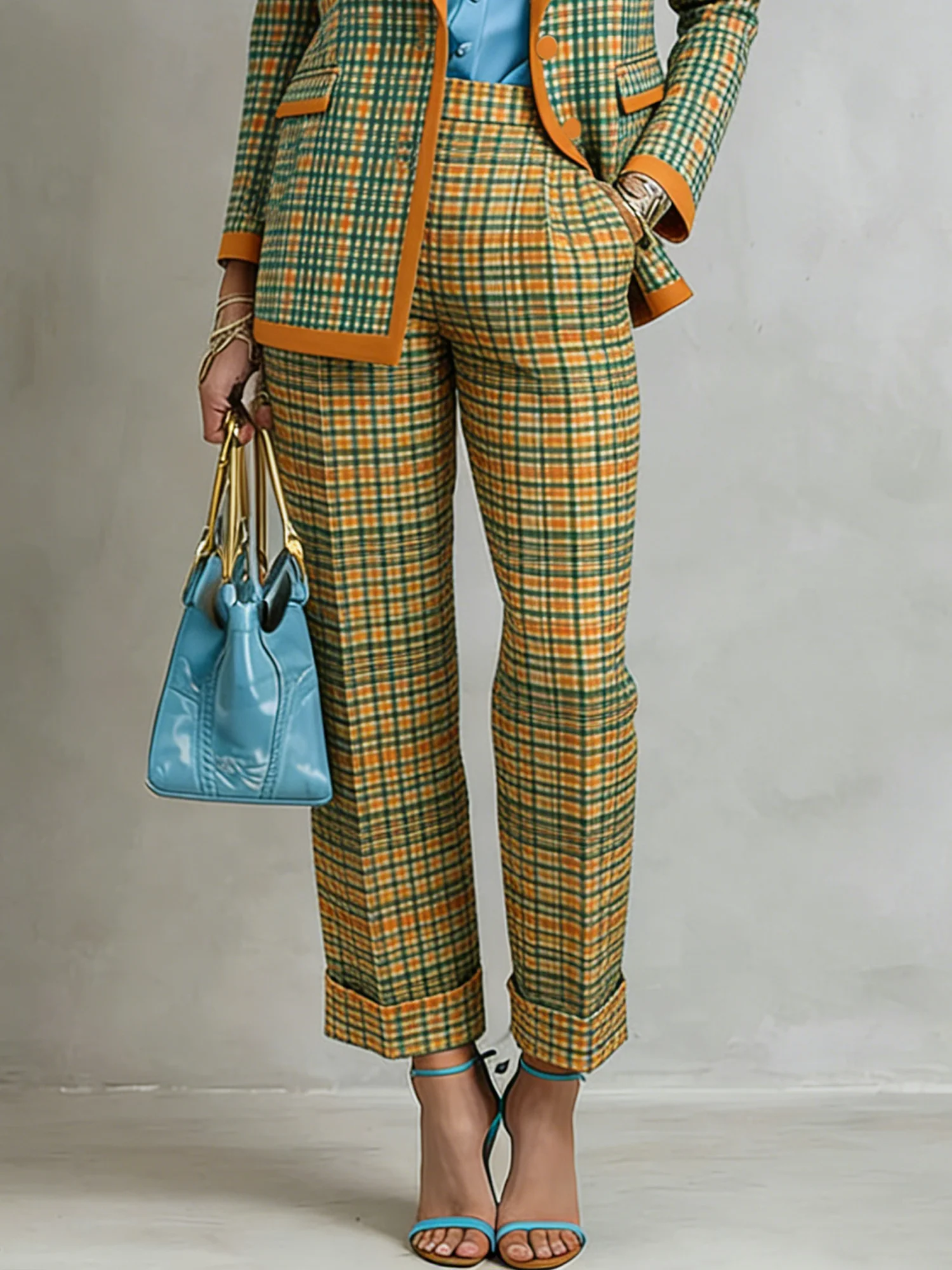Image of Casual Plaid High Waist Straight Pants H-Line Spring Trousers