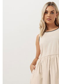 YOURS Curve Natural Brown Contrast Blanket Stitch Midi Dress